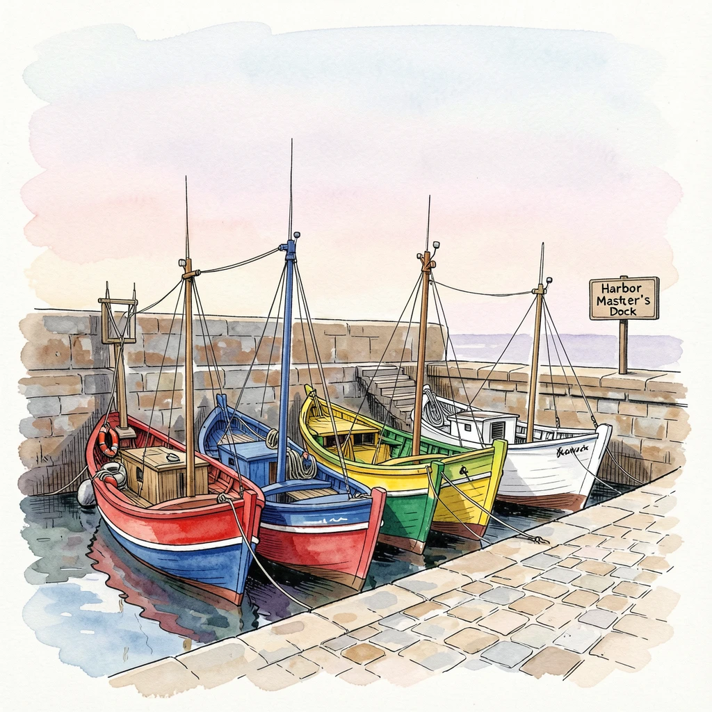 A row of colorful fishing boats moored along a quiet harbor wall, the streets quiet in the soft light of early morning.