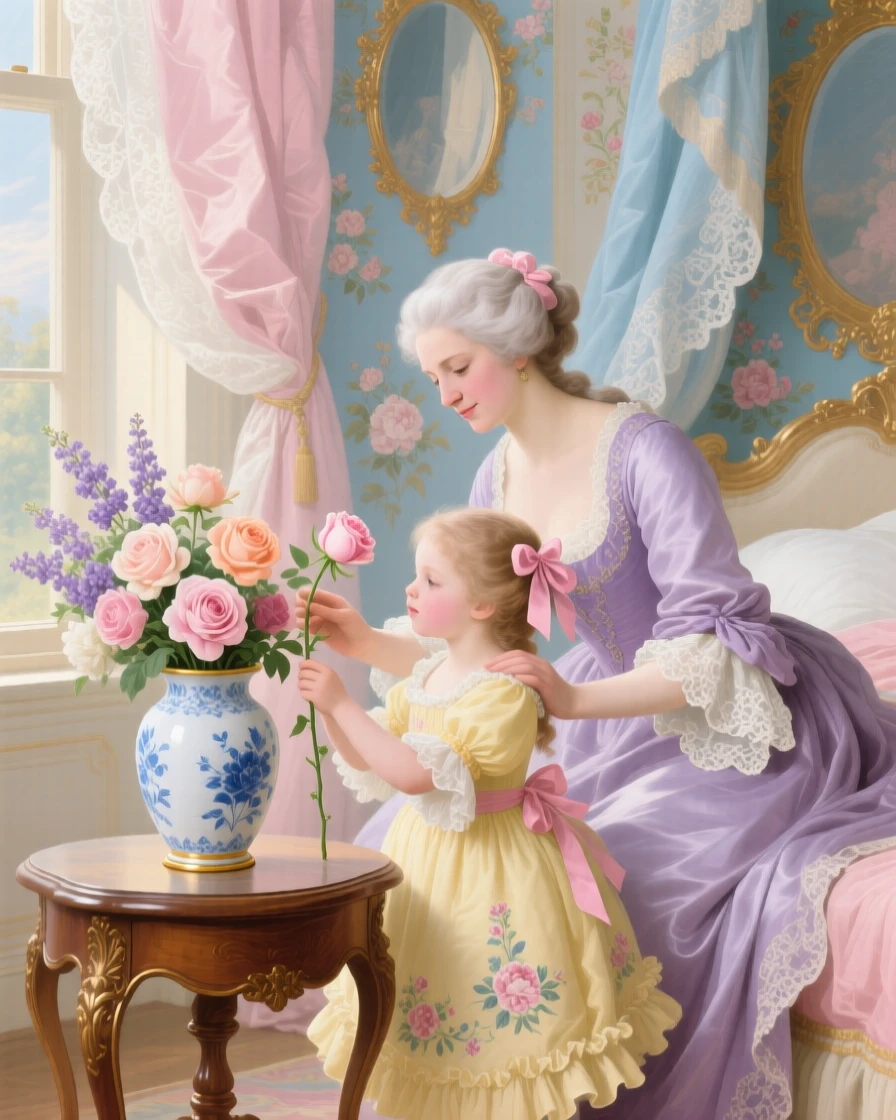 A mother teaching her daughter to arrange flowers in a porcelain vase  