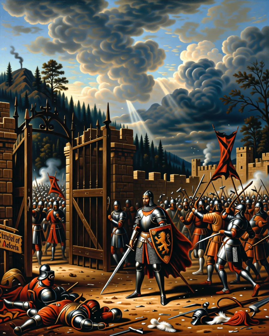 A lone knight faces down a horde of invaders at the city gates amid the chaos of battle.