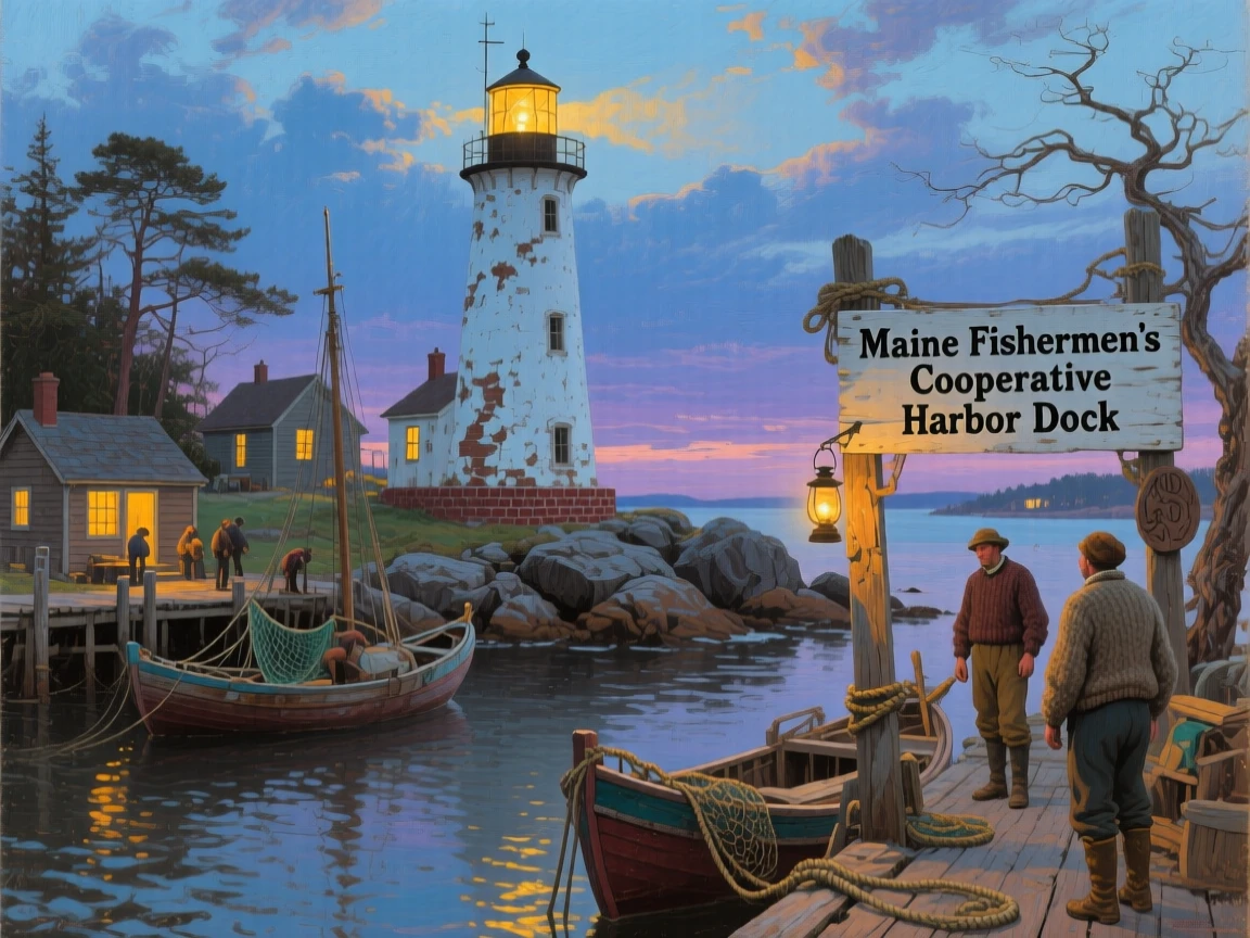 The historic lighthouse and harbor of a small New England fishing village, with warm lantern or window light glowing throughout the scene, designed to transport the viewer directly into the scene