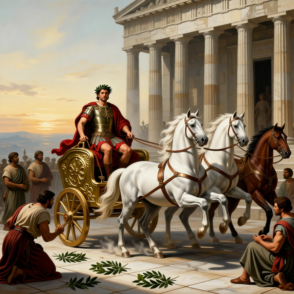 A triumphant Roman general riding a chariot drawn by four white horses at the exact instant fate is sealed, set against the marble columns of an ancient temple, surrounded by kneeling attendants, war horses, and scattered laurel wreaths; the horizon splits the scene between earthly struggle and divine light, filled with reverence for legend made flesh.
