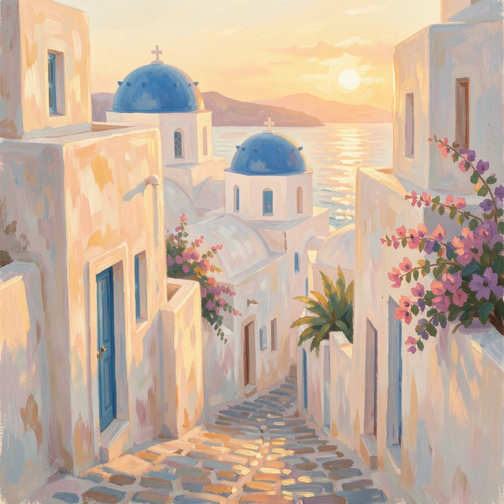 A narrow street in Santorini lined with whitewashed buildings and blue-domed churches overlooking the Aegean Sea, at golden sunrise, filled with a cozy, comforting atmosphere.