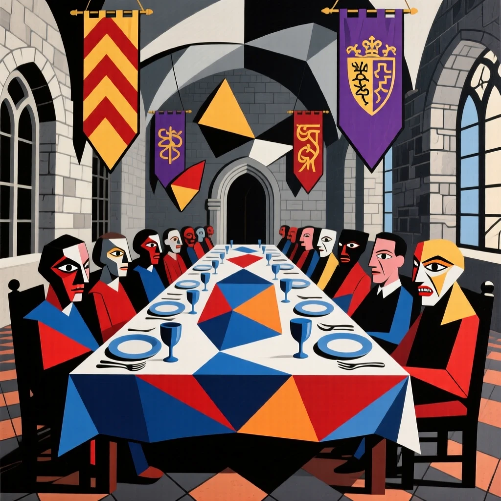 A castle great hall with a long banquet table set beneath hanging banners.