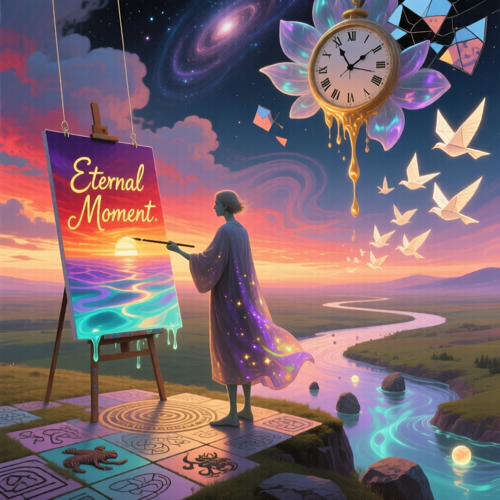A painter capturing a sunset that changes color with every brushstroke works calmly, absorbed entirely in a quiet, private moment, while soft light gathers warmly around their figure.
