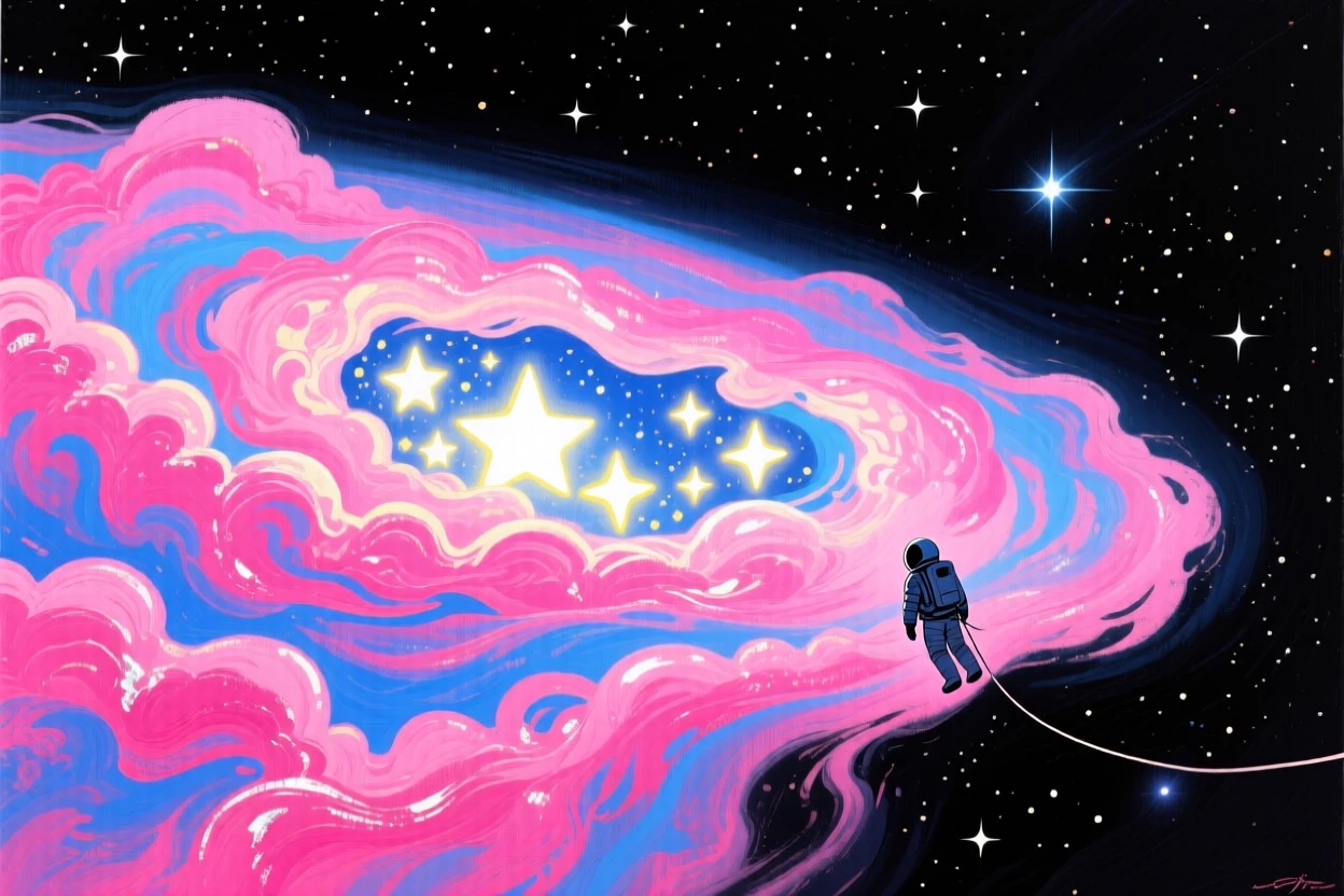 A vivid nebula swirls in brilliant shades of pink and blue across deep space, newborn stars glowing brightly within its billowing gaseous folds, the composition balancing epic scale with small, intimate storytelling details.