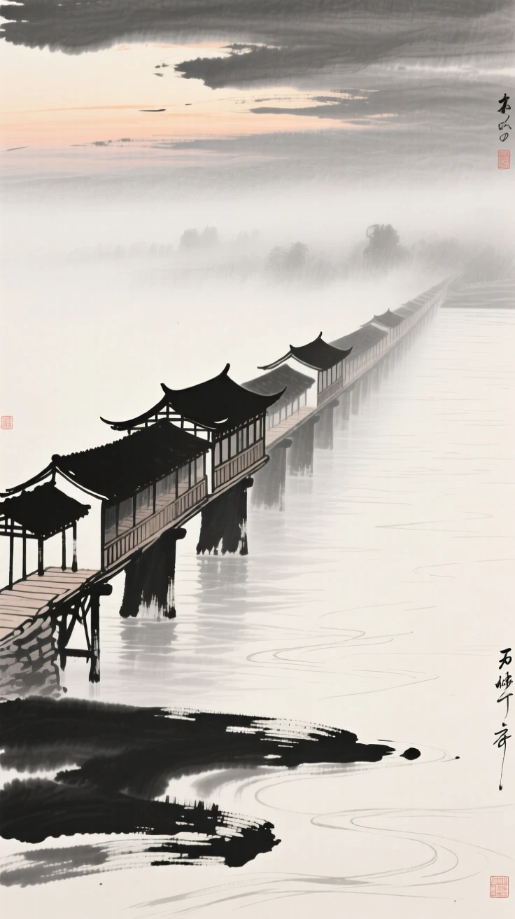 A long covered bridge stretches across a wide misty river, beneath a sky tinged with the colors of early evening.