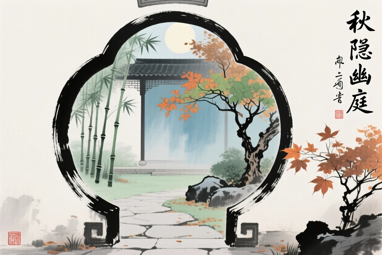A moon gate opening onto a hidden garden courtyard, at the turn of autumn.