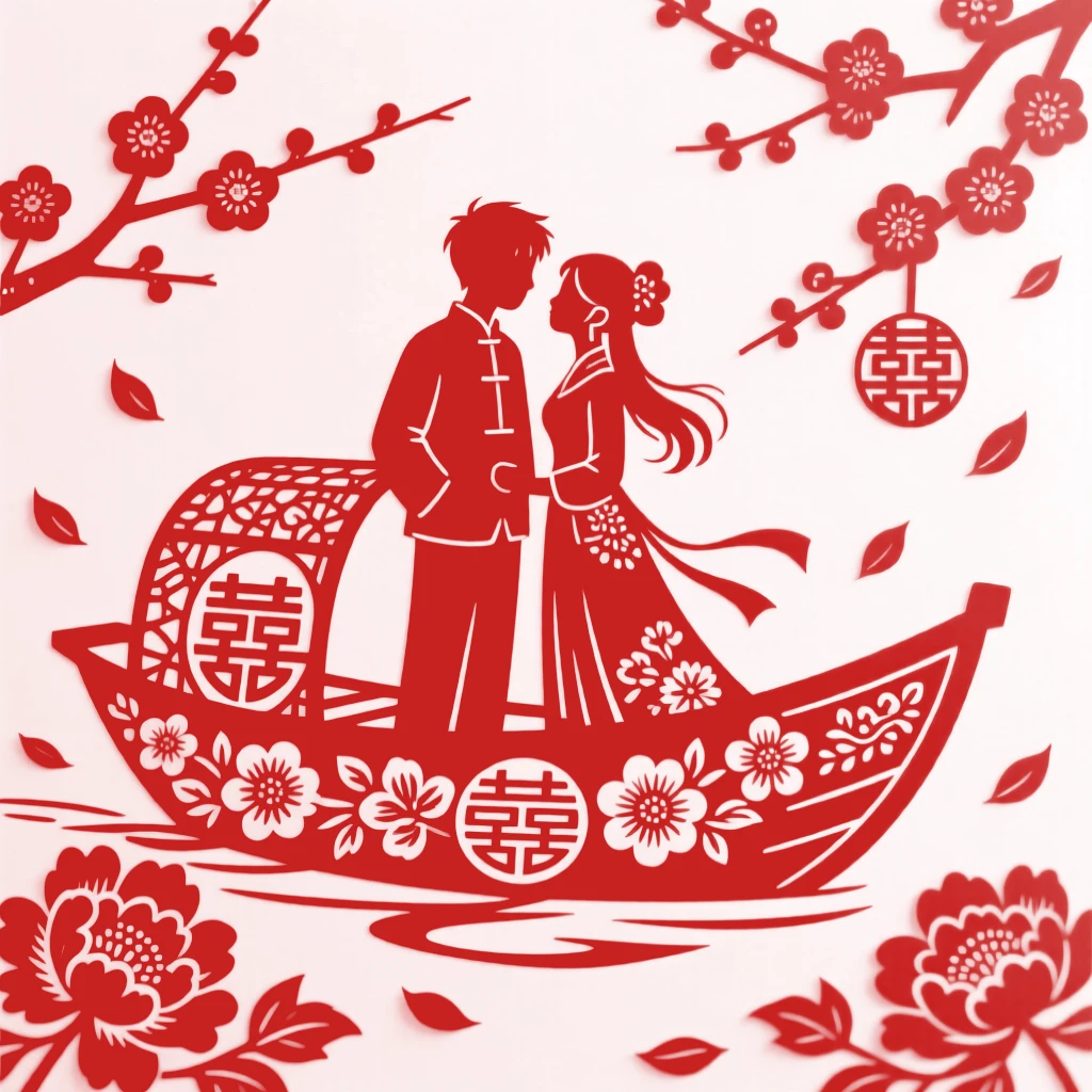 A young couple standing together at the prow of a flower-decked boat, petals drifting gently around them.