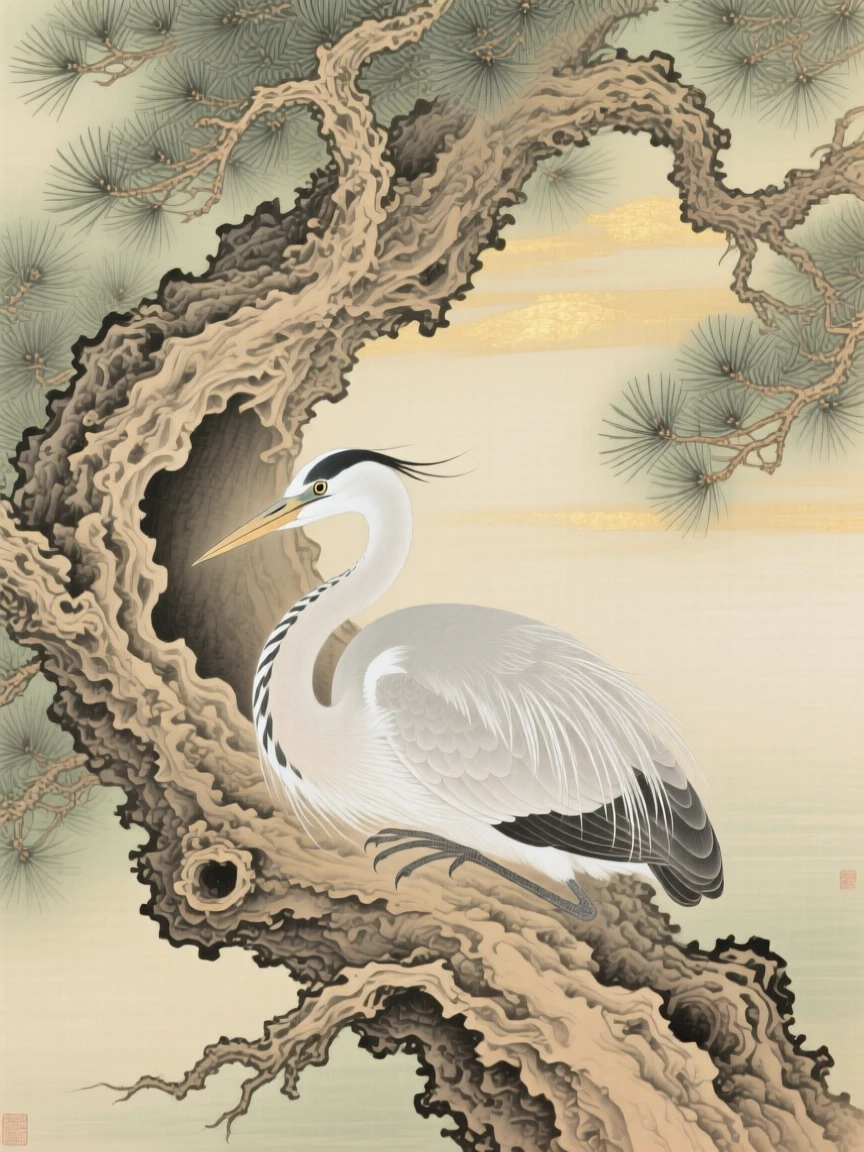 A heron nestled in a hollow of an old pine tree, soft morning light filtering through the branches