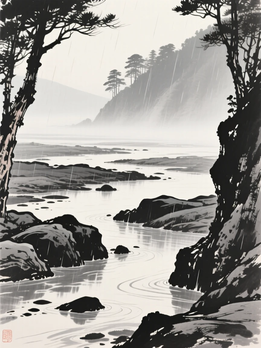 A tide pool coastline exposed at low water while a light rain blurs the distant tree line, framed through a gap in the trees, revealing the valley beyond, with delicate wisps of mist threading between the rock formations, evoking a deep sense of solitude and quiet grandeur.