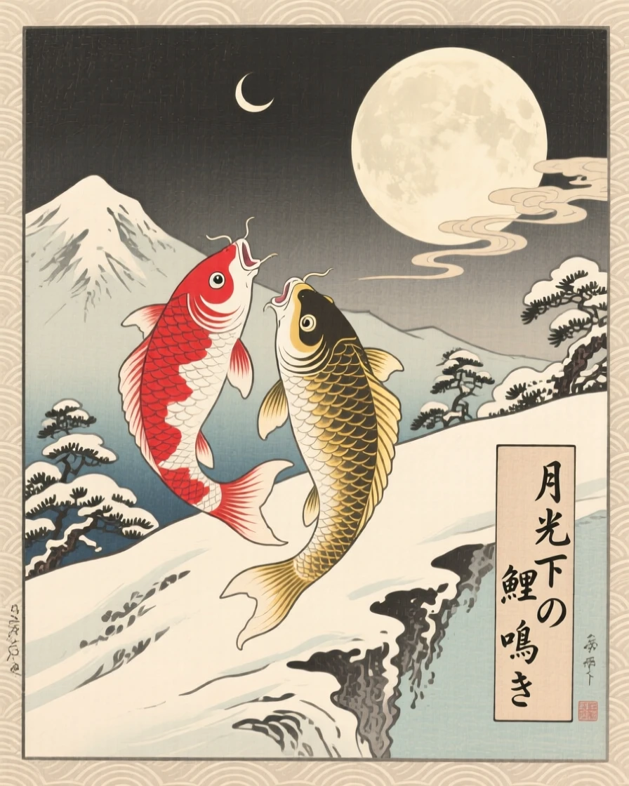 A pair of koi fish howling atop a snowy ridge under moonlight.