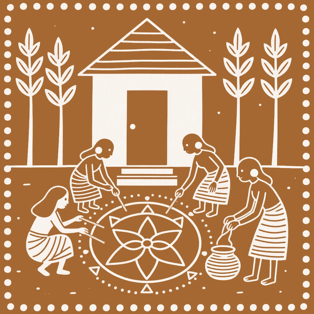 A group of women drawing a ritual pattern at their doorstep during a quiet dawn ritual.
