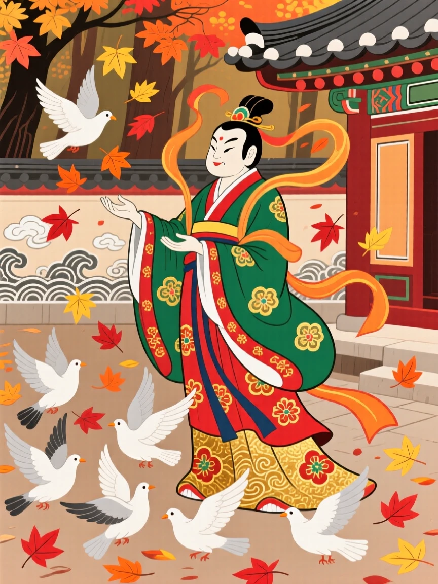 A guardian spirit of the forest releasing a flock of doves from a temple courtyard, with autumn leaves swirling