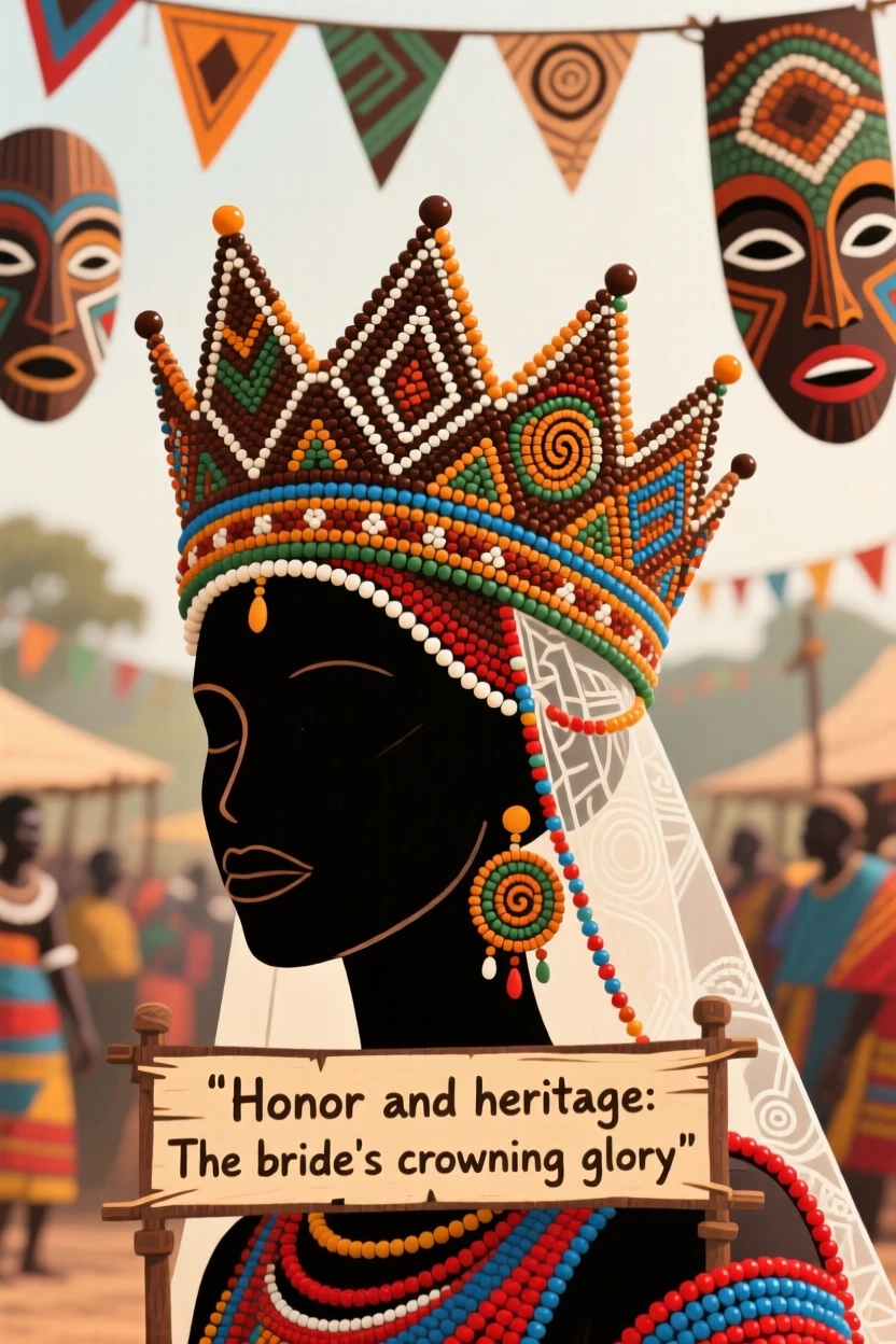 A beaded bridal crown displayed proudly during a village festival.