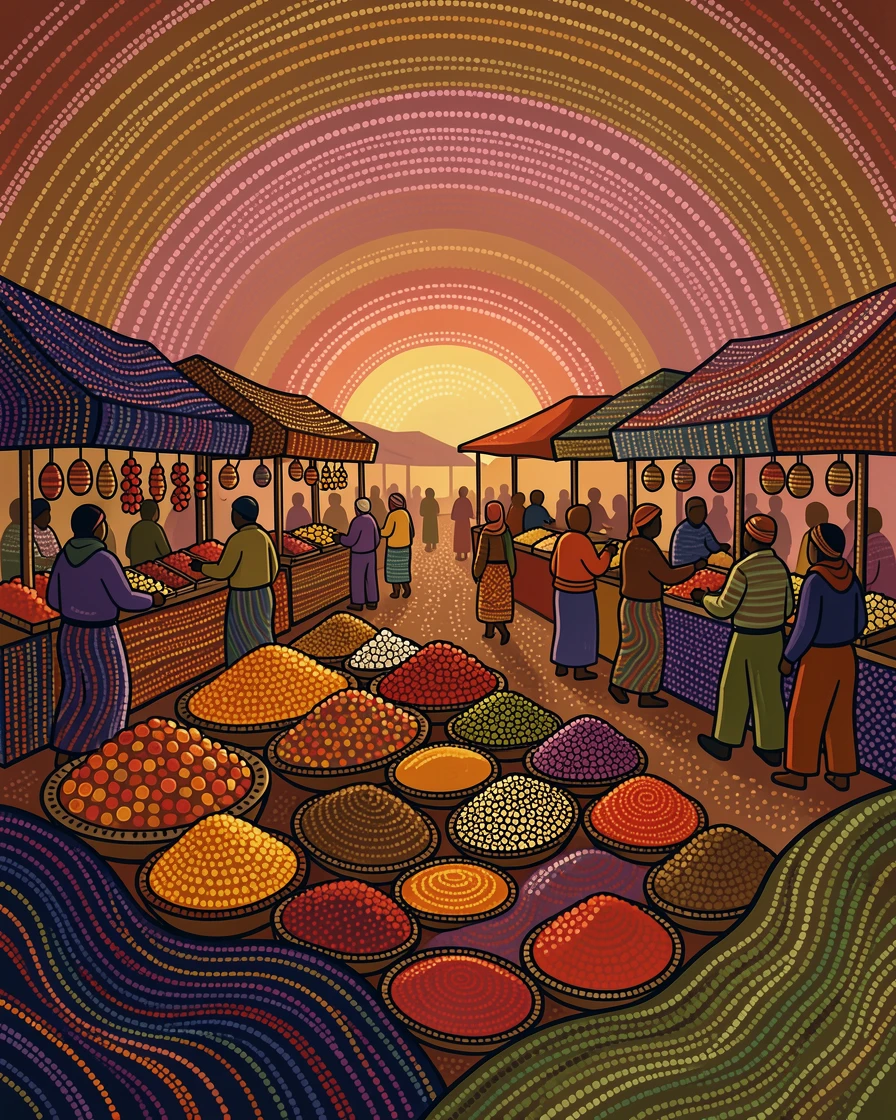 A market bustling with colorful spices and textiles at sunset