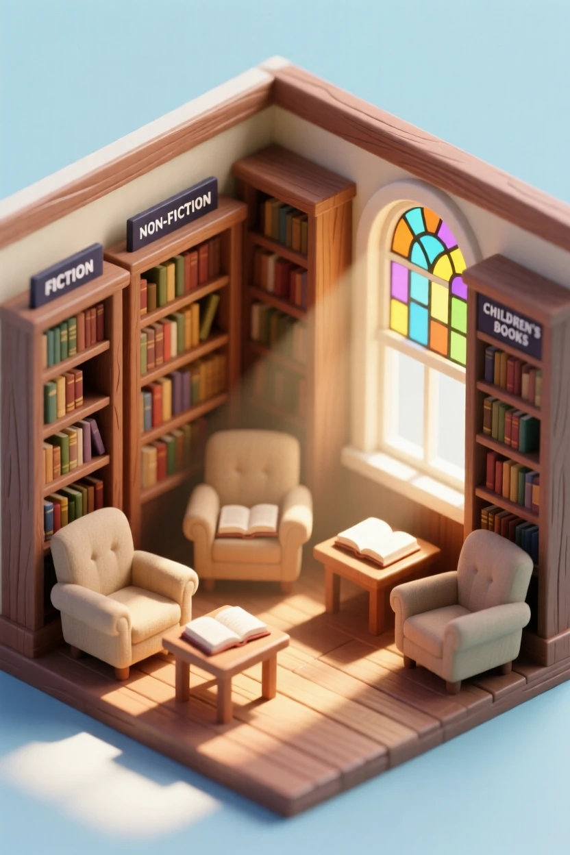 A cozy small-town library with reading nooks tucked between towering bookshelves, sunlight streaming through stained glass windows.