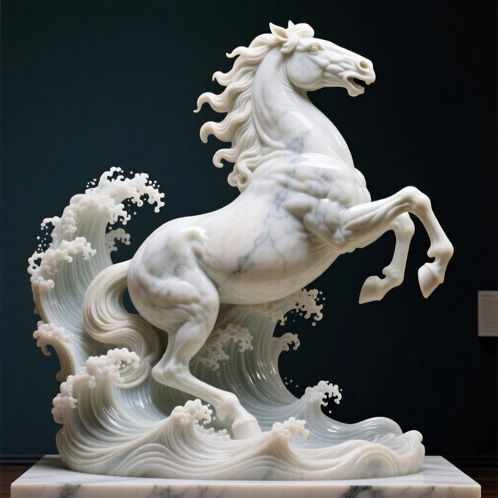 A striking, imaginative composition featuring waves crashing upward into the shape of a rearing horse, blending realism with dreamlike wonder