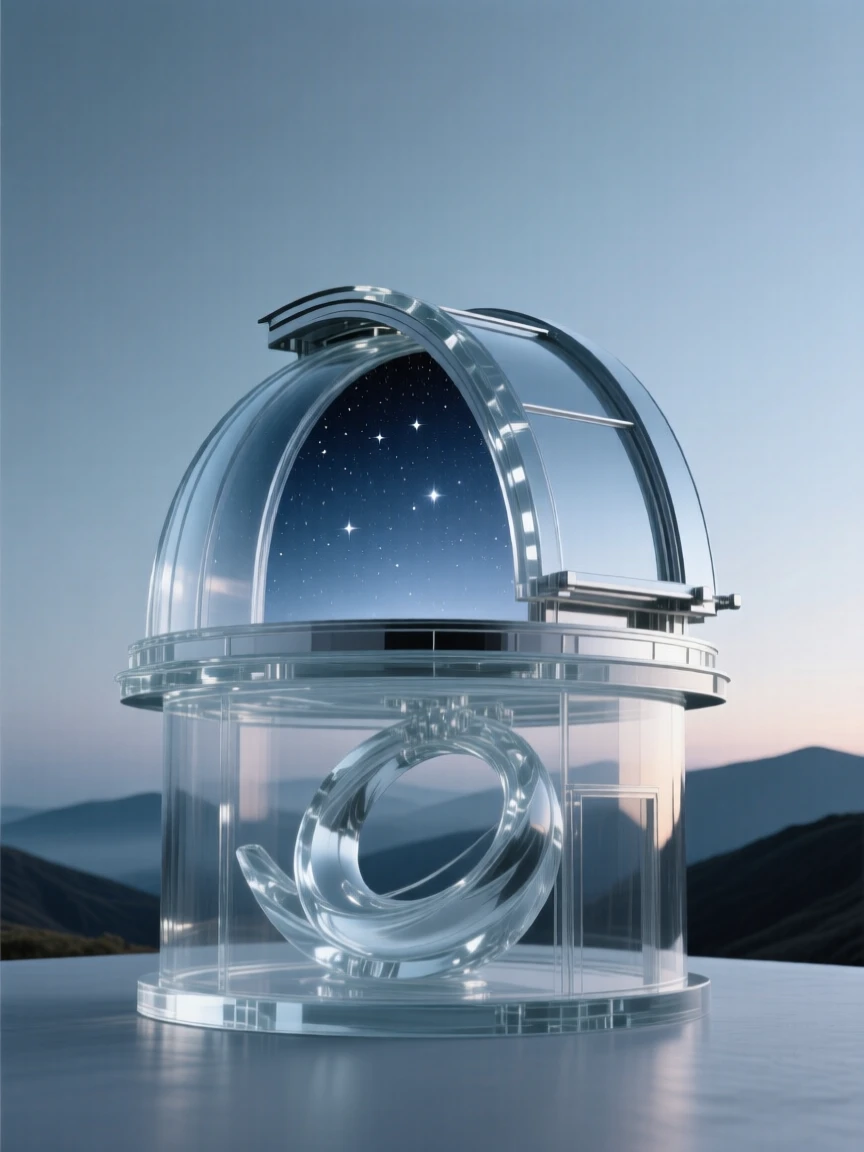 With distant hills fading into the evening haze, a domed observatory opening its roof to a starlit sky