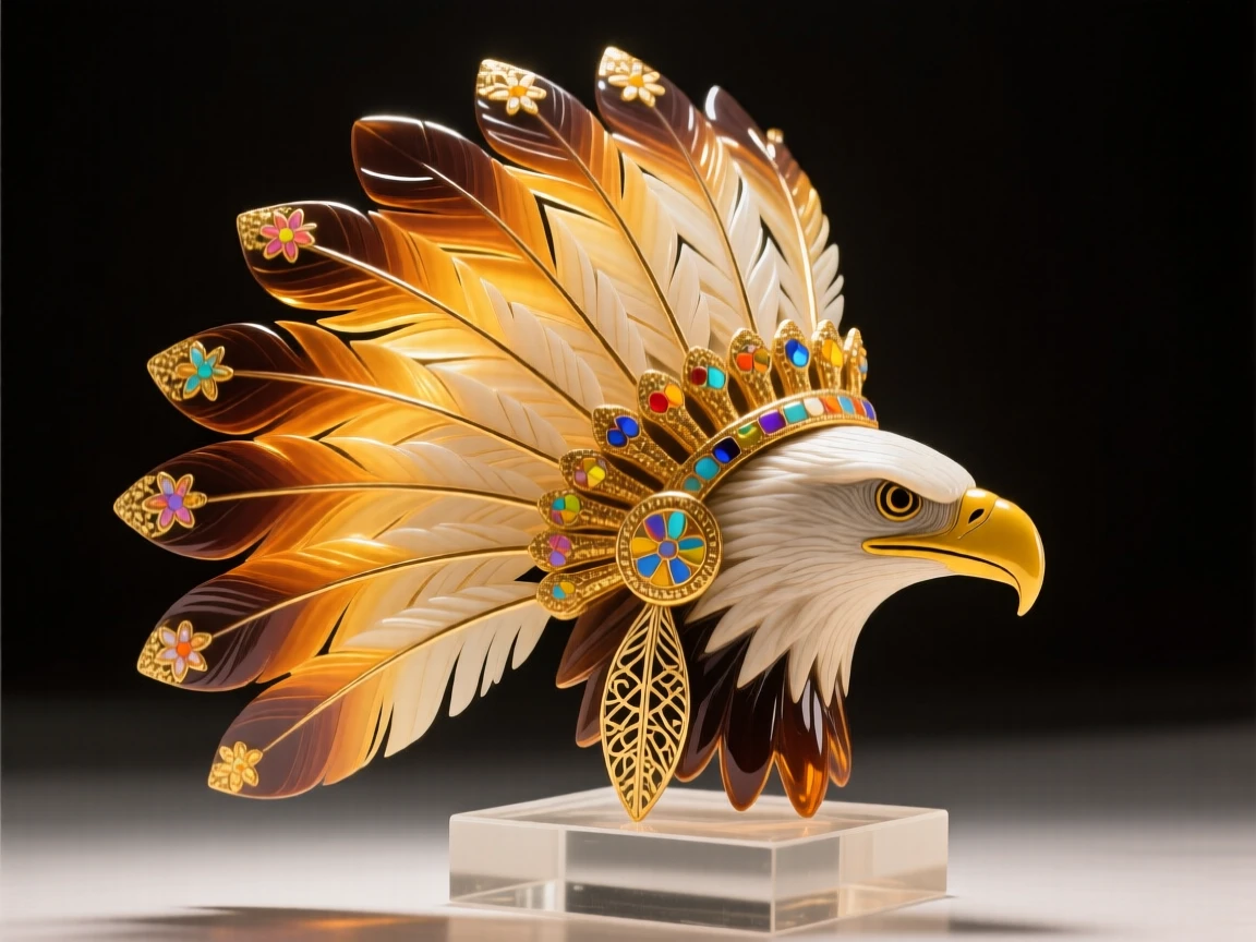 A Native American eagle feather headdress catching golden light, majestic and cultural.