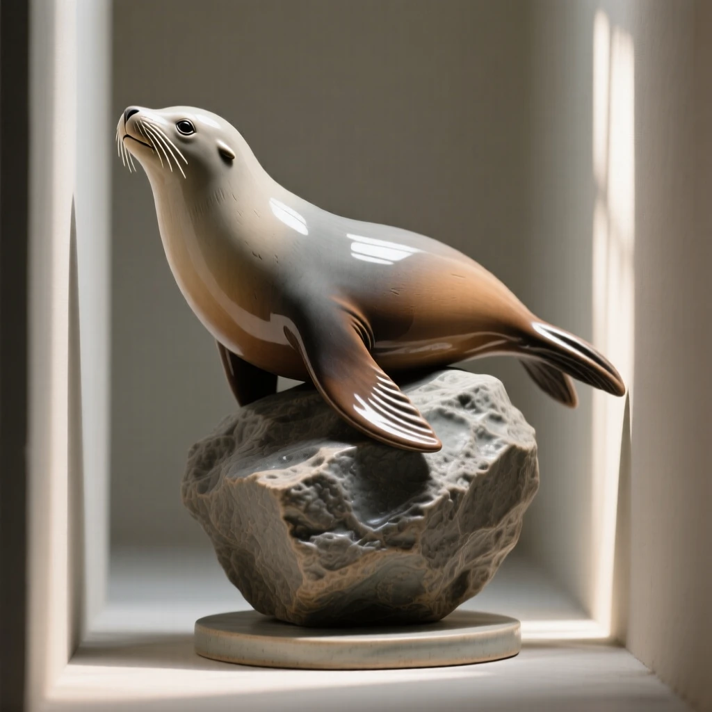 A sea lion balancing on a rock suspended in a shaft of filtered sunlight, its fins trailing like delicate ribbons, conveying calm, fluid tranquility.