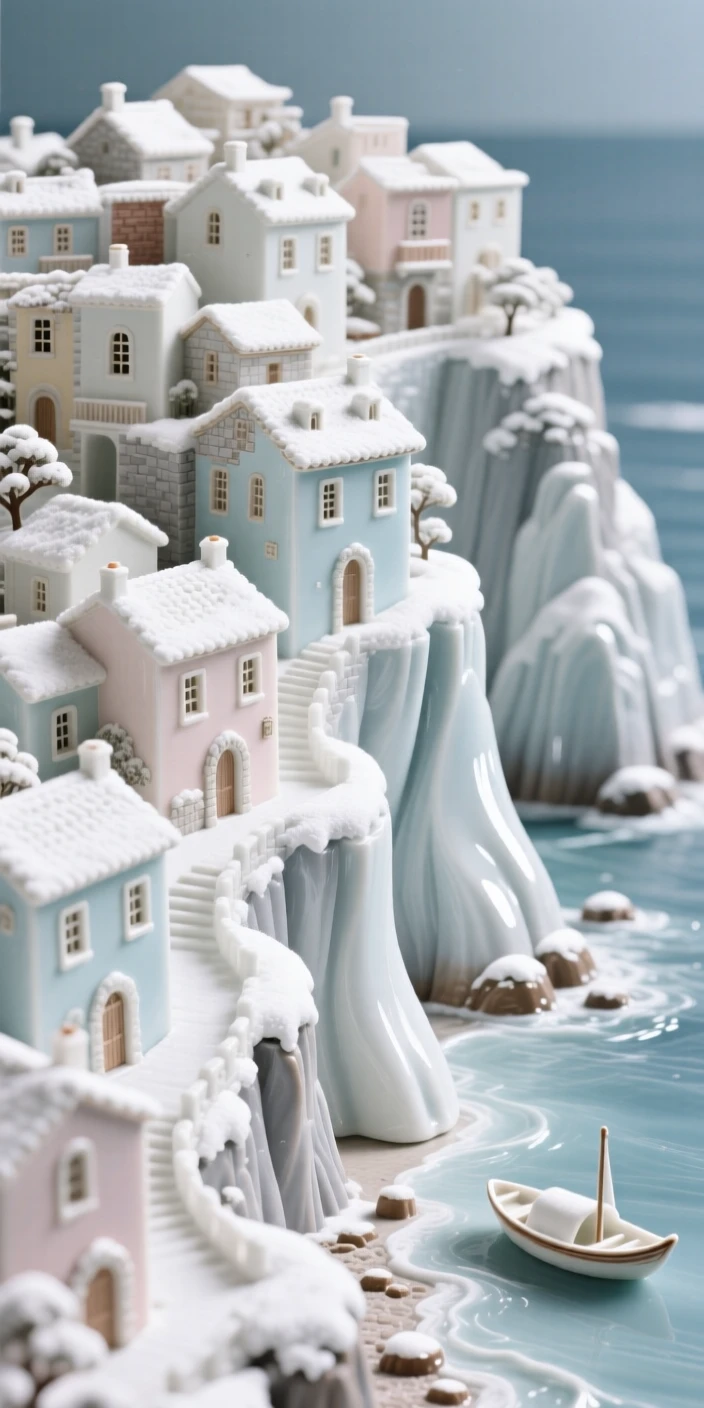 A grand view of a coastal cliffside village, dusted lightly with snow.