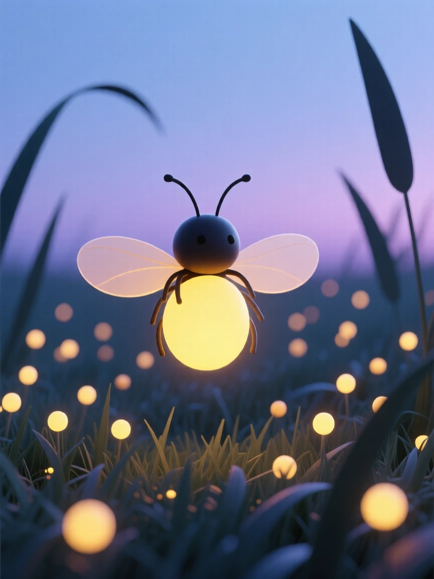 A tiny firefly blinks softly in a summer meadow at dusk, joined by dozens of glowing companions.