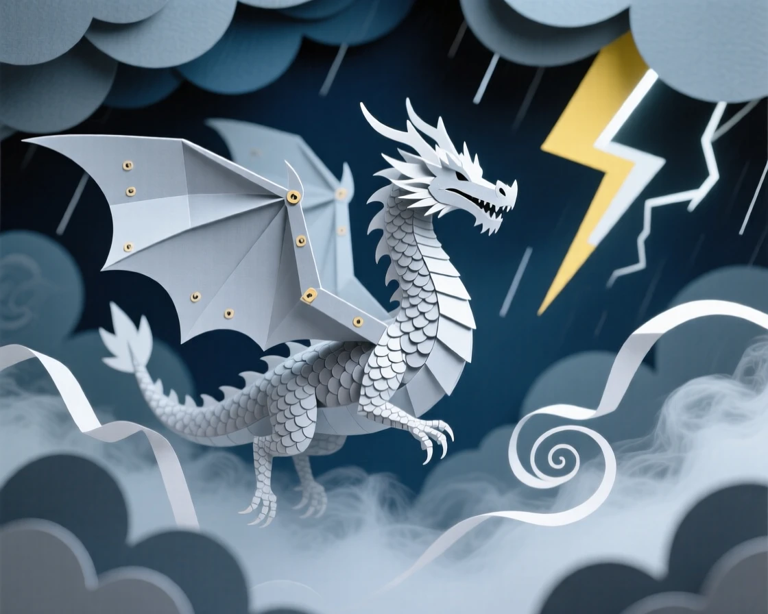 A silver-scaled dragon riding through a storm-lit sky, with swirling mist wrapping around the scene, evoking otherworldly beauty.