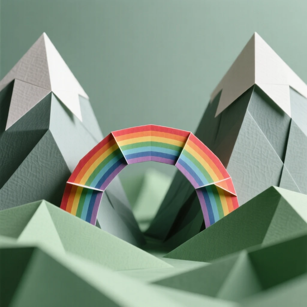 A hidden valley where a single rainbow bridge connects two mountain peaks.
