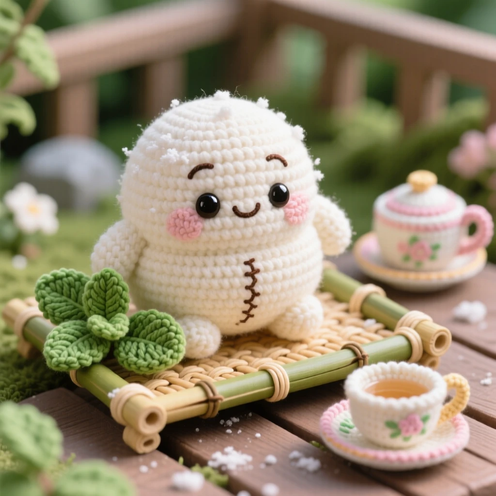 A delightful still-life of a plump mochi character with a soft powdery dusting, sitting on a small bamboo tray within a garden patio set for afternoon tea; a scattering of fresh mint leaves nearby, full of a cozy sense of shared treats.