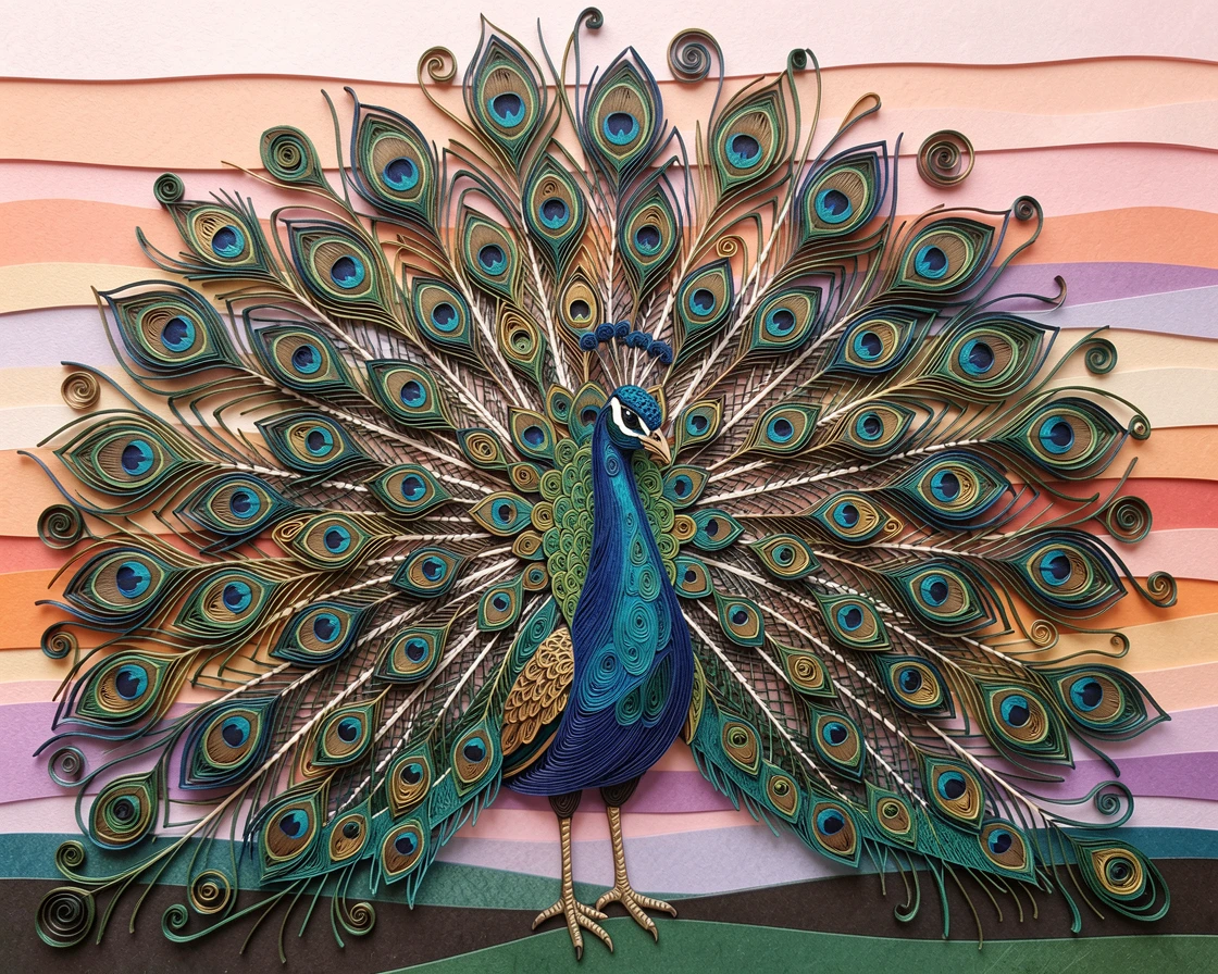 A striking wildlife scene of a peacock displaying its full iridescent tail beneath a wide open sky at dawn, with fine texture visible in every strand of fur, framed in a dramatic silhouette against the sky.