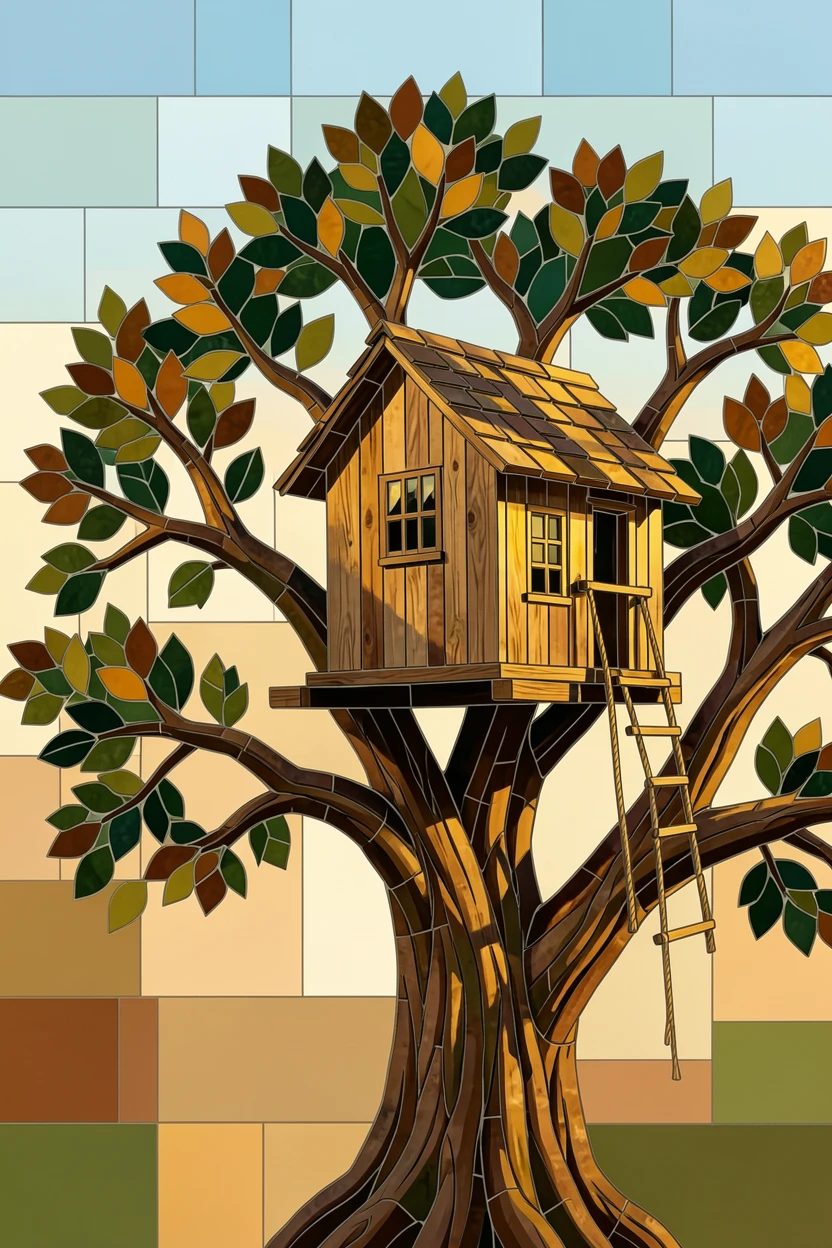 A rustic treehouse nestled high in an ancient oak tree.