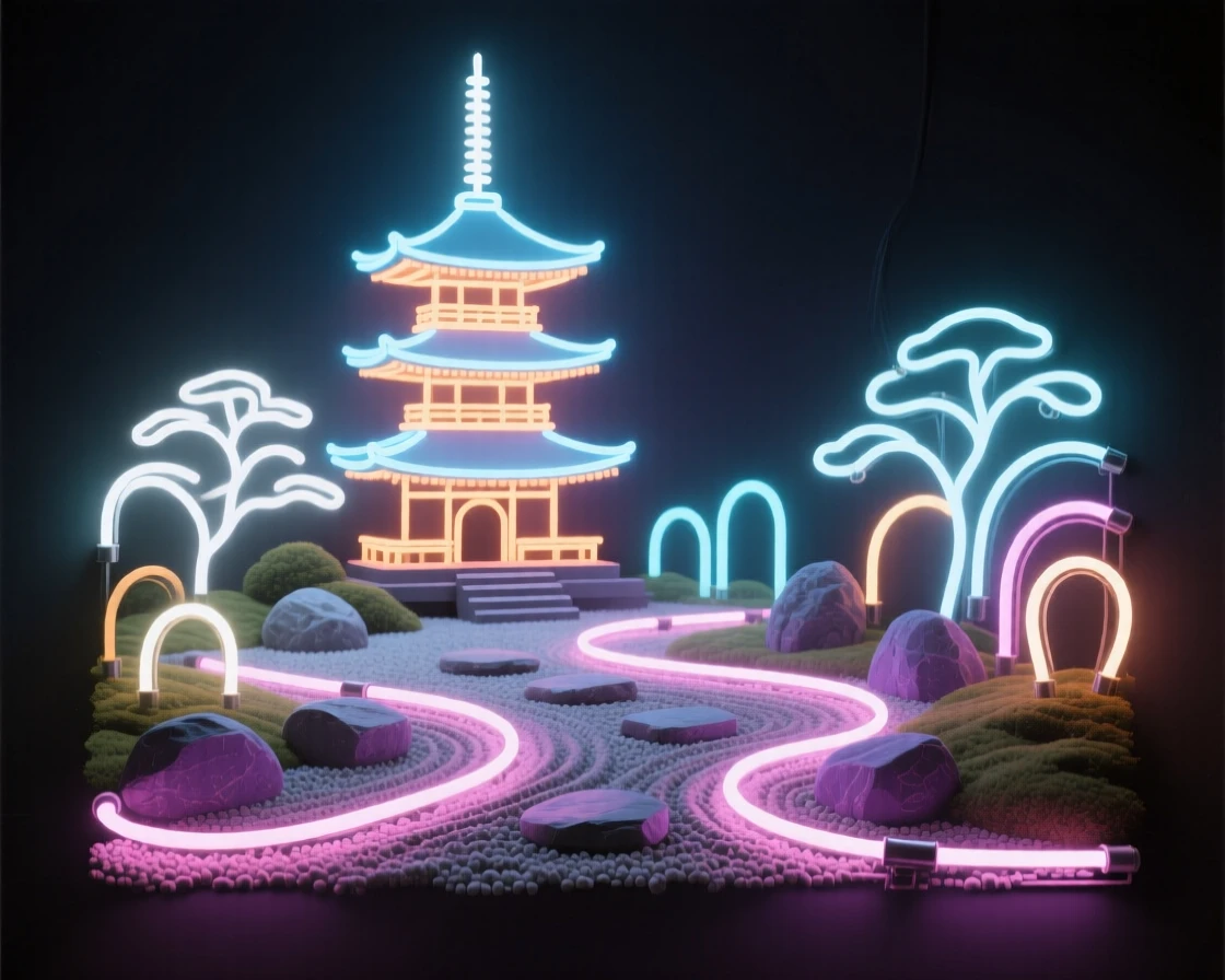 A pagoda rising above a garden of raked gravel and stone.