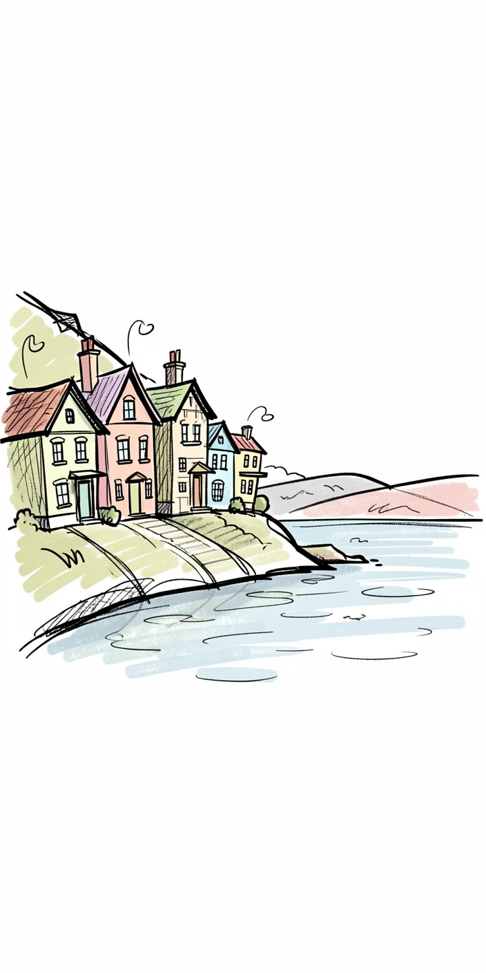 A row of pastel-colored houses on a hillside overlooking a calm bay.