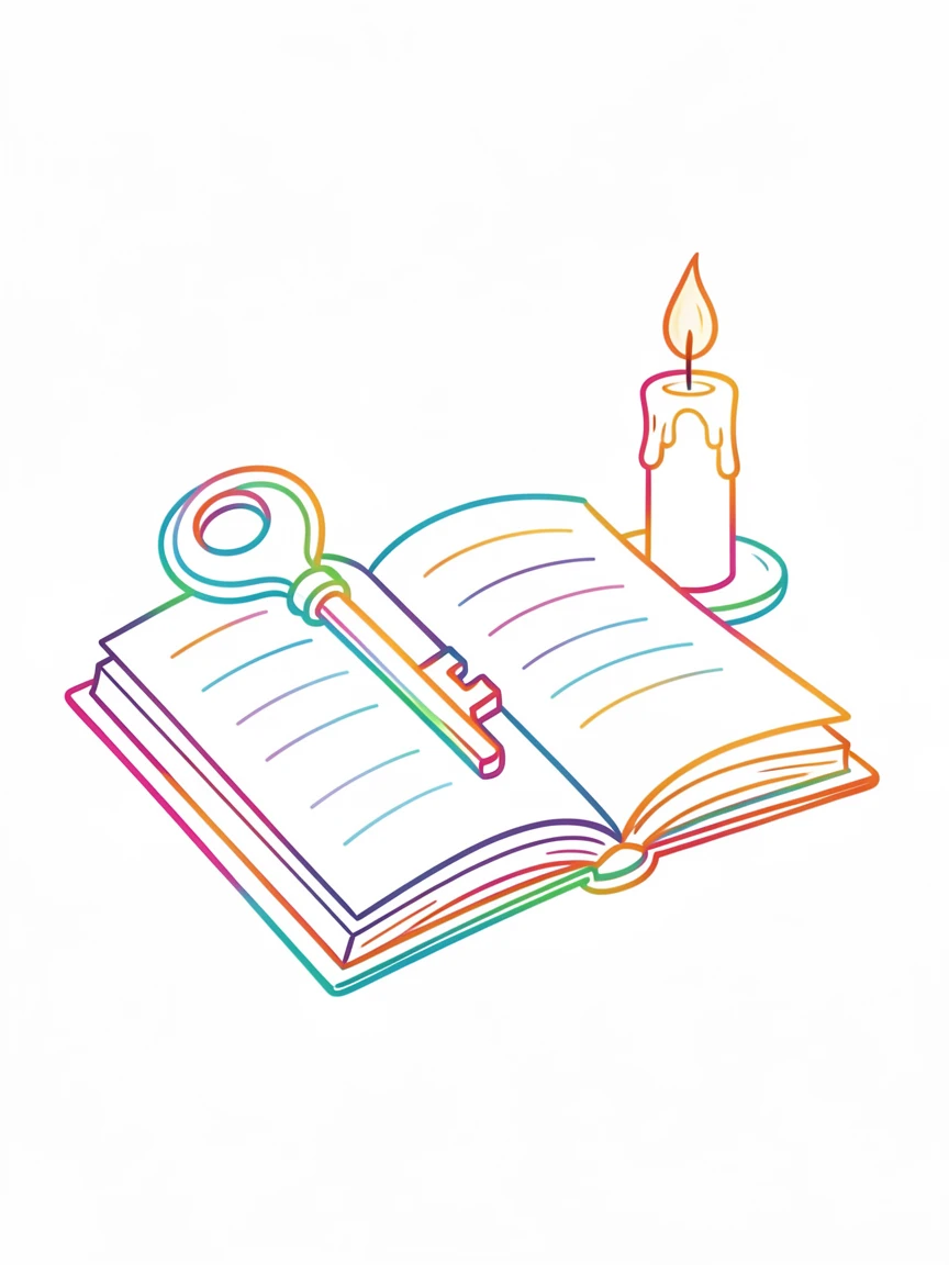 A key resting on an open journal beside a lit candle.