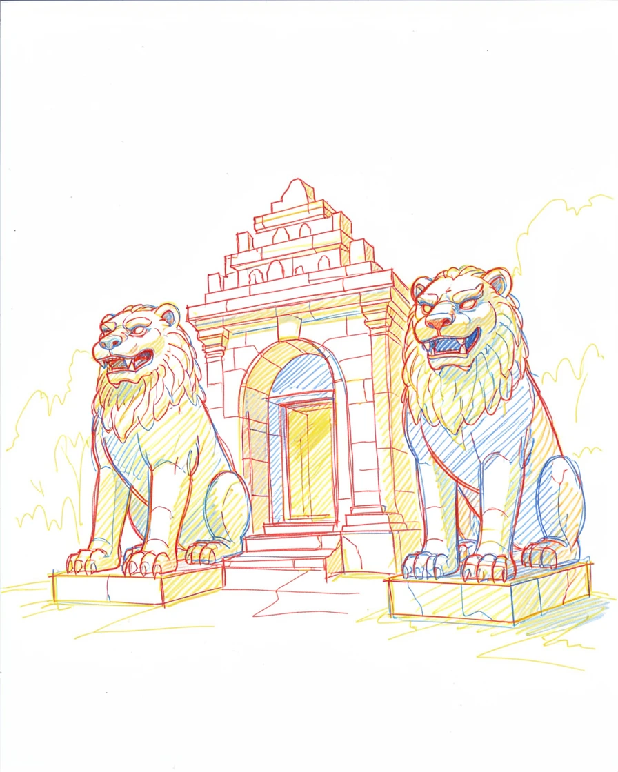A hidden temple guarded by two massive stone lion statues