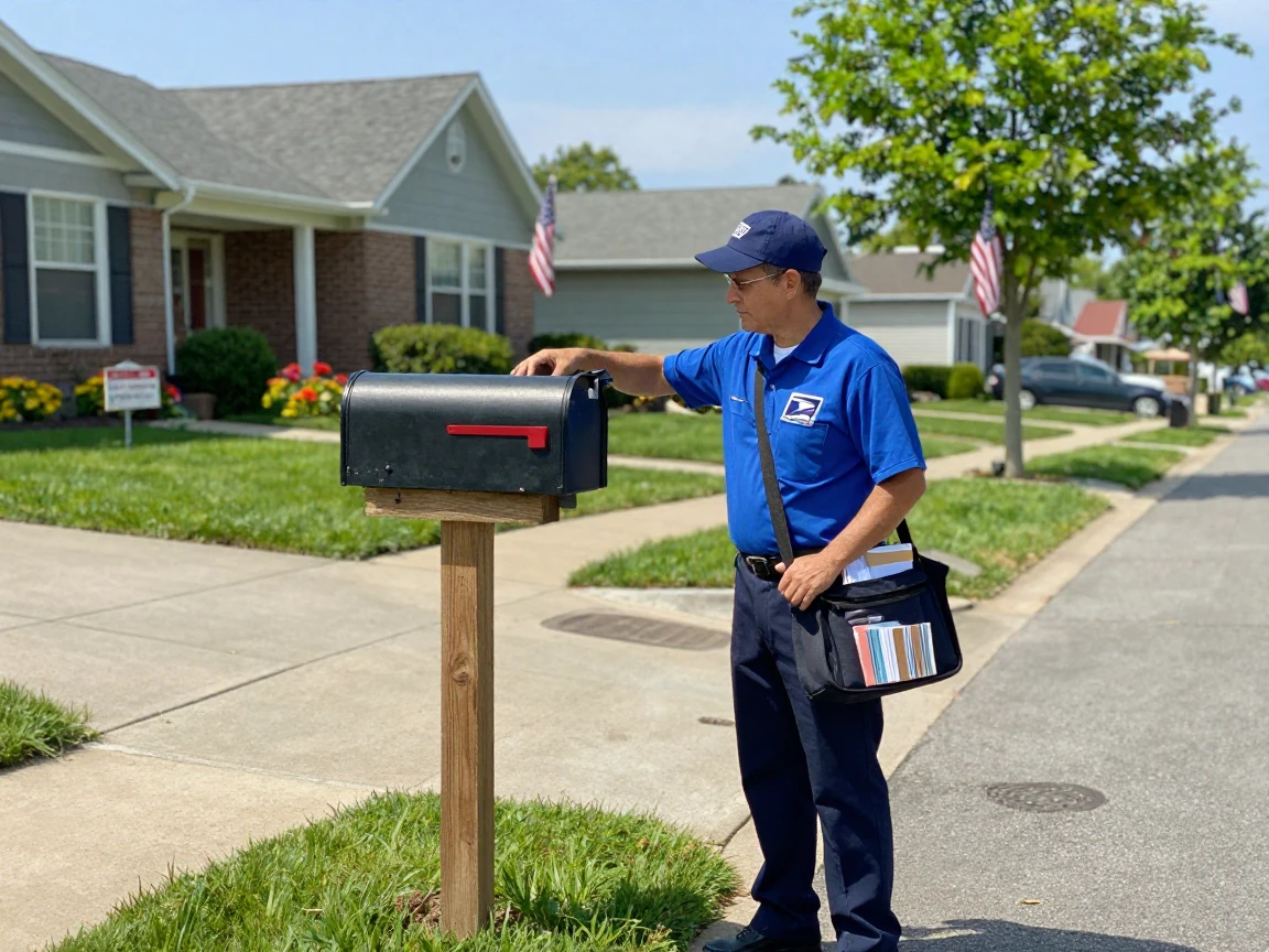 A mail carrier delivering letters on a quiet suburban street