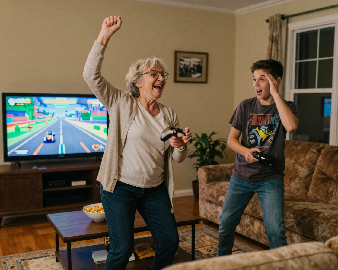 A grandmother beats her grandson at video games and celebrates by doing a victory dance.