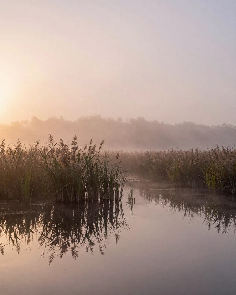 A quiet marsh at dawn with mist rising off still water among reeds