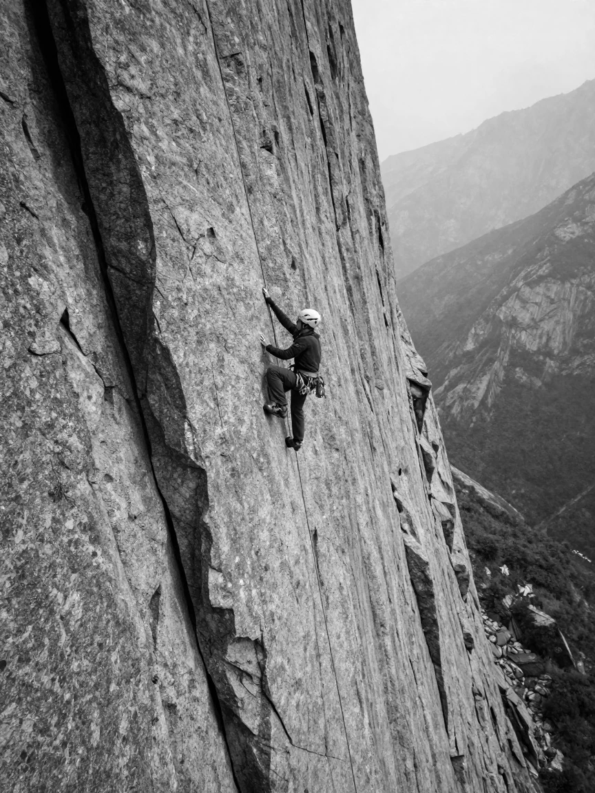 A climber scales a sheer granite cliff face high in the Himalayas.