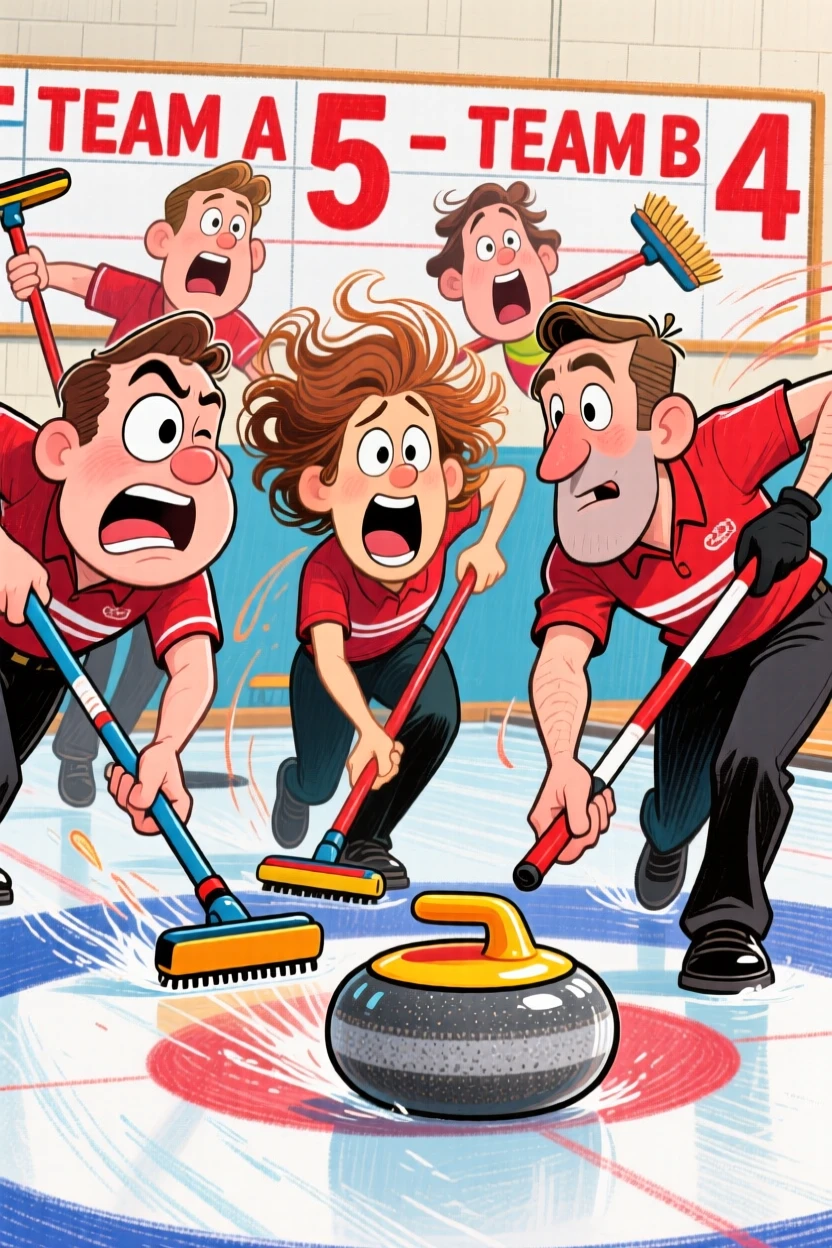 A curling team sweeping furiously in front of a sliding stone.