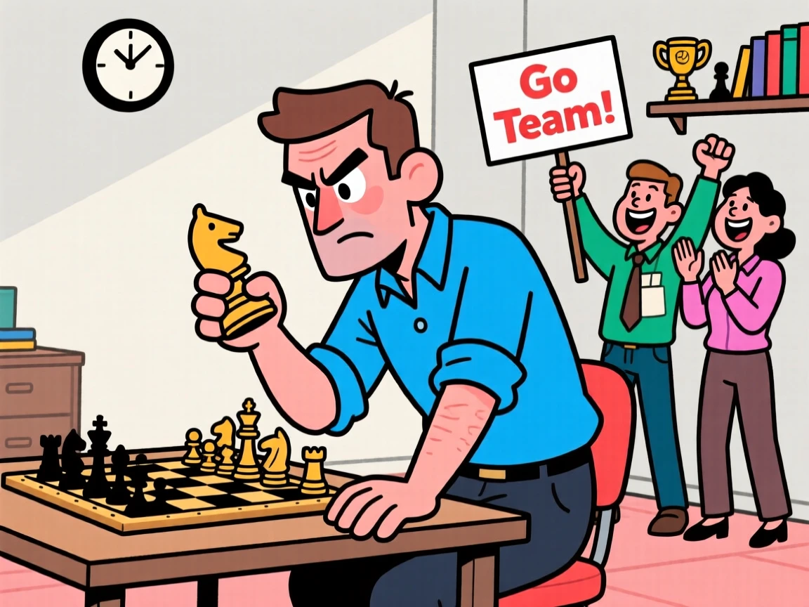 A vibrant profession-themed portrait of a focused chess coach mid-task with sleeves rolled up and tools in hand, with coworkers cheering in the background.