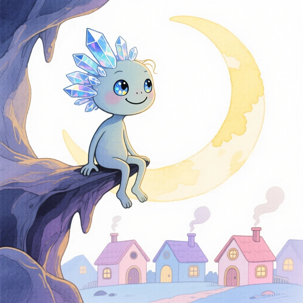 A crystal cave dweller perched on a crescent moon overlooking a sleeping village