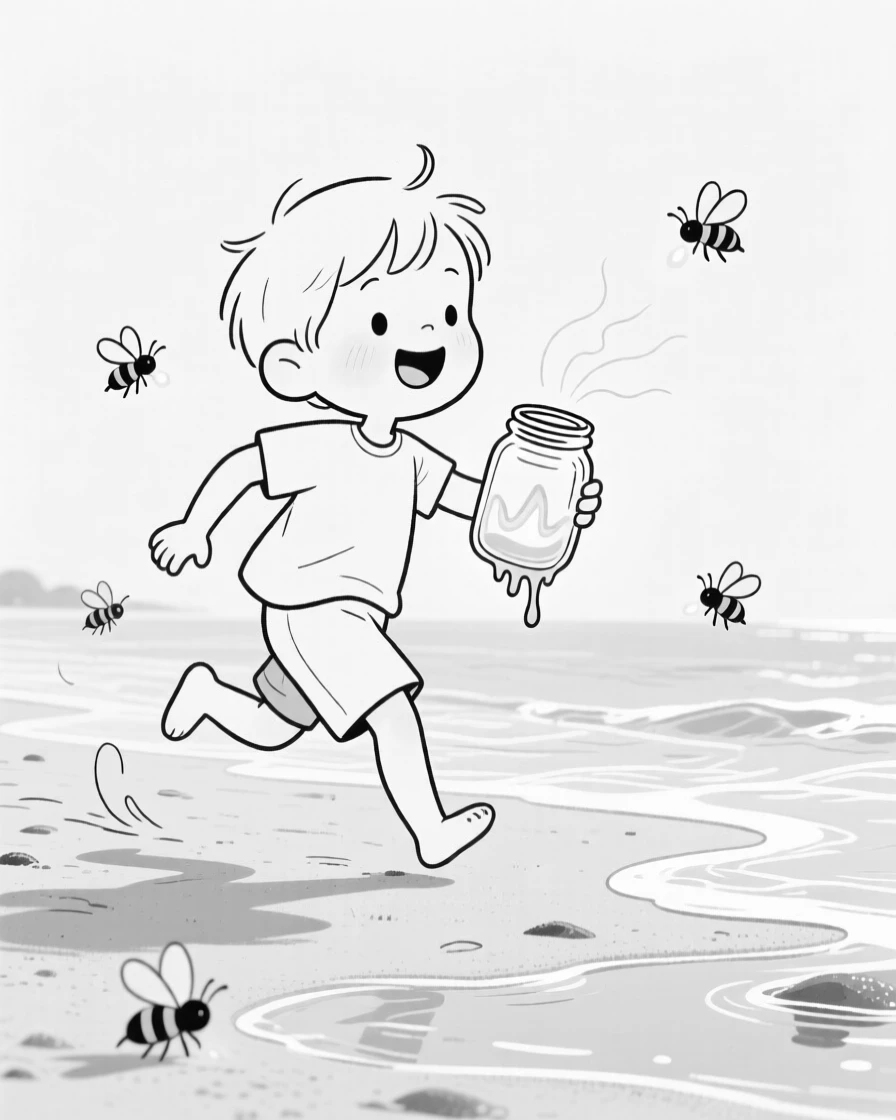 A child chasing fireflies with a mason jar, melting slightly lopsided in the afternoon sun, set on a sandy beach at low tide. A few stray bees hover curiously nearby. The image feels like a breath of fresh outdoor air.