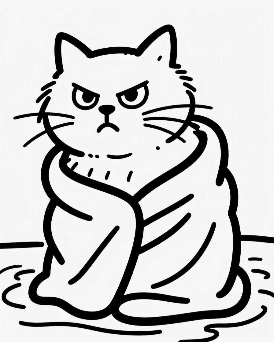 A persian cat wrapped in a towel after a bath, looking grumpy but adorable.
