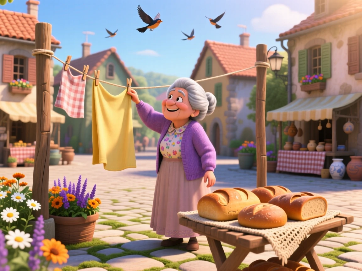 A grandmother hanging laundry on a sunny line is captured at a village square during a quiet afternoon, with fresh bread cooling on a nearby rack. A simple contentment radiates through the scene.