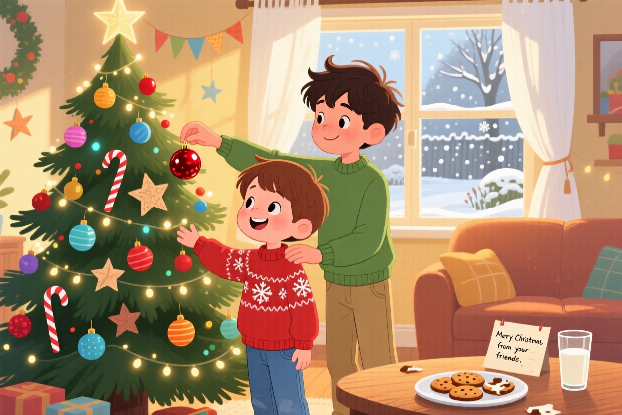 A shy young boy laughs while decorating a Christmas tree together with her older brother, as golden afternoon light streams through the window.