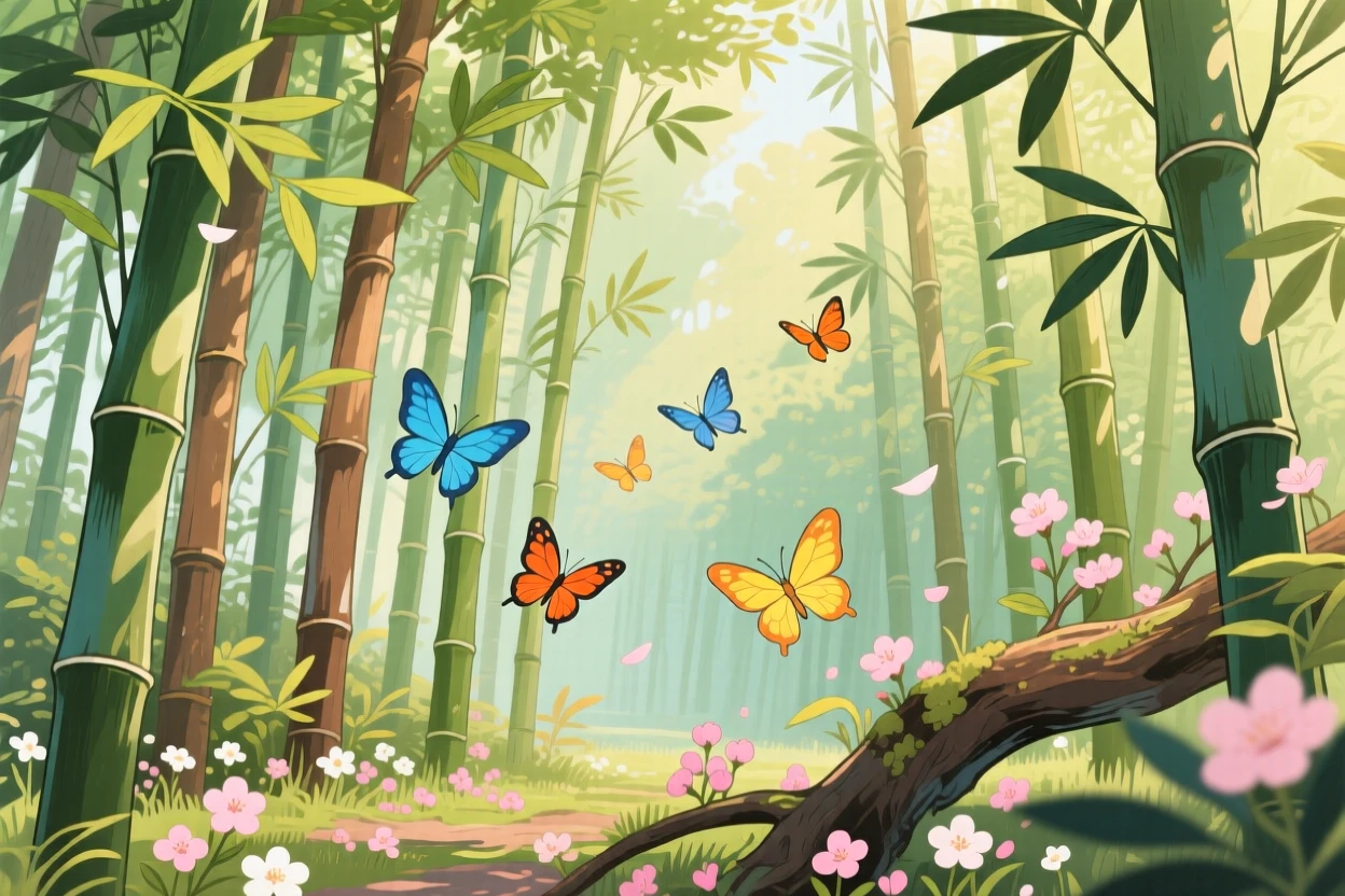 A bamboo forest swaying gently in the wind, butterflies drifting between blossoms, creating a scene of quiet natural magic.
