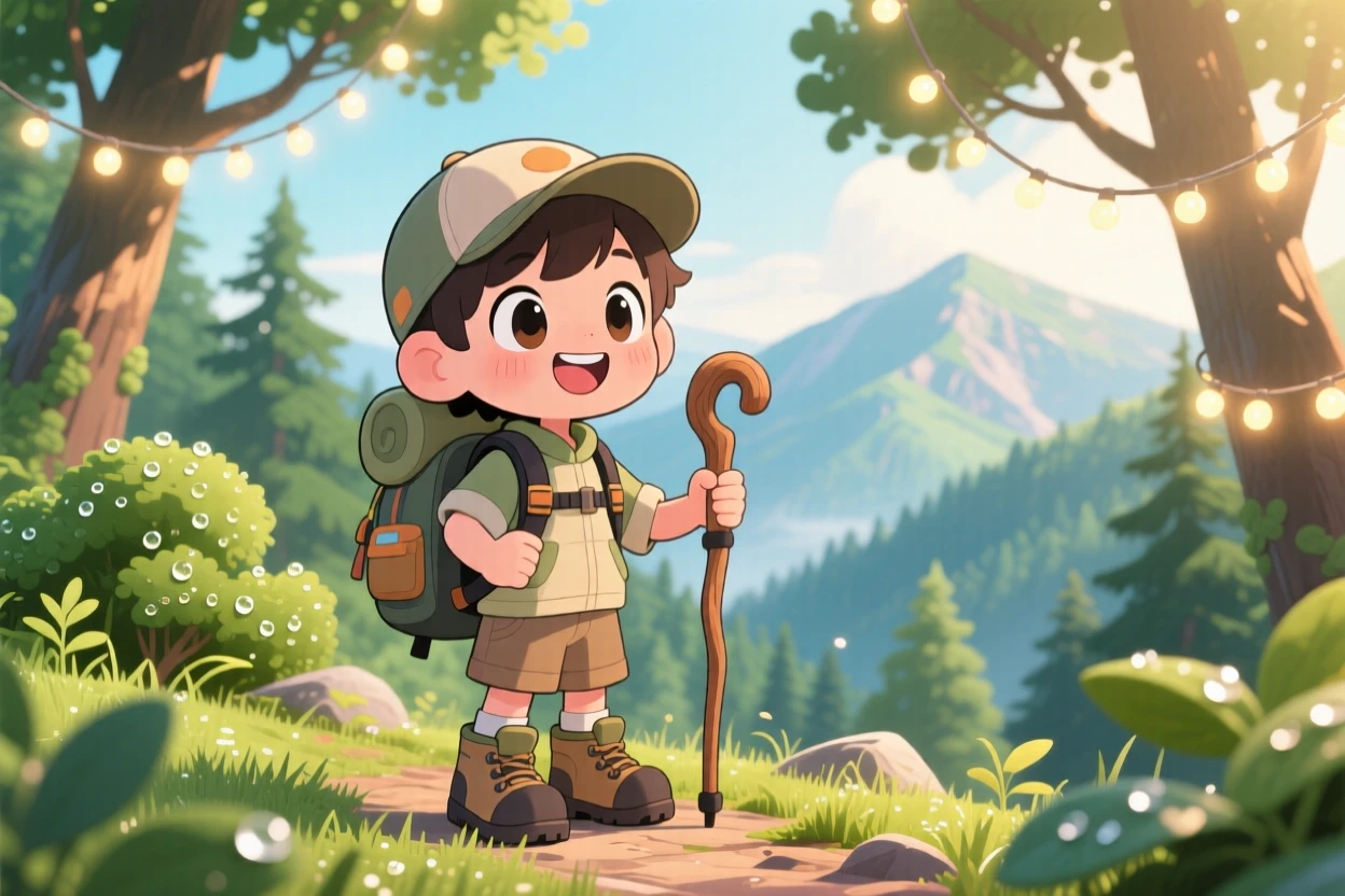 Medium shot: a young hiker, reaching a scenic overlook with a walking stick, set against a forested mountain trail as morning dew glistens on the grass, with glowing string lights and a mood of bubbly enthusiasm.