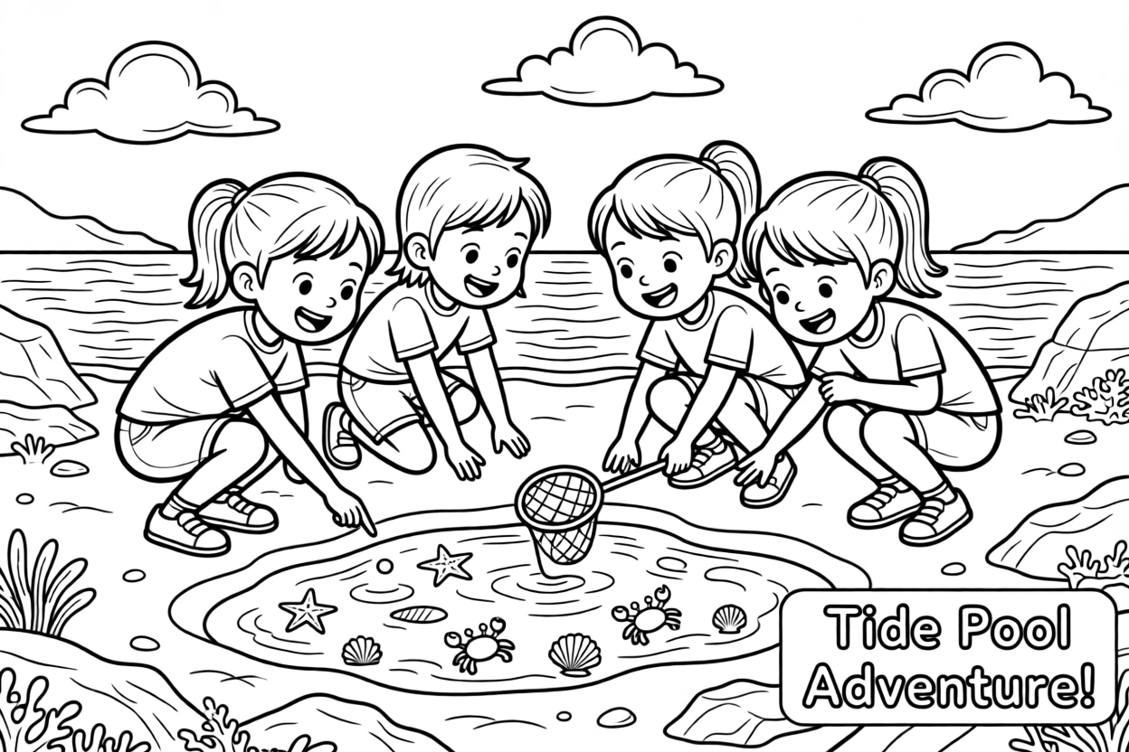 A team of friends exploring tide pools at low tide