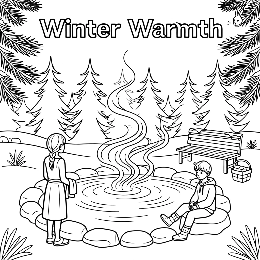 A hot spring surrounded by snow-dusted pine trees, with mist rolling gently across the ground.